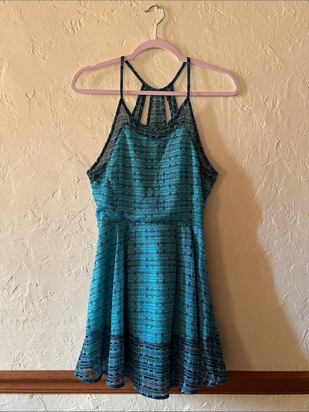 freebird Teal and Navy Patterned Halter Mini Dress